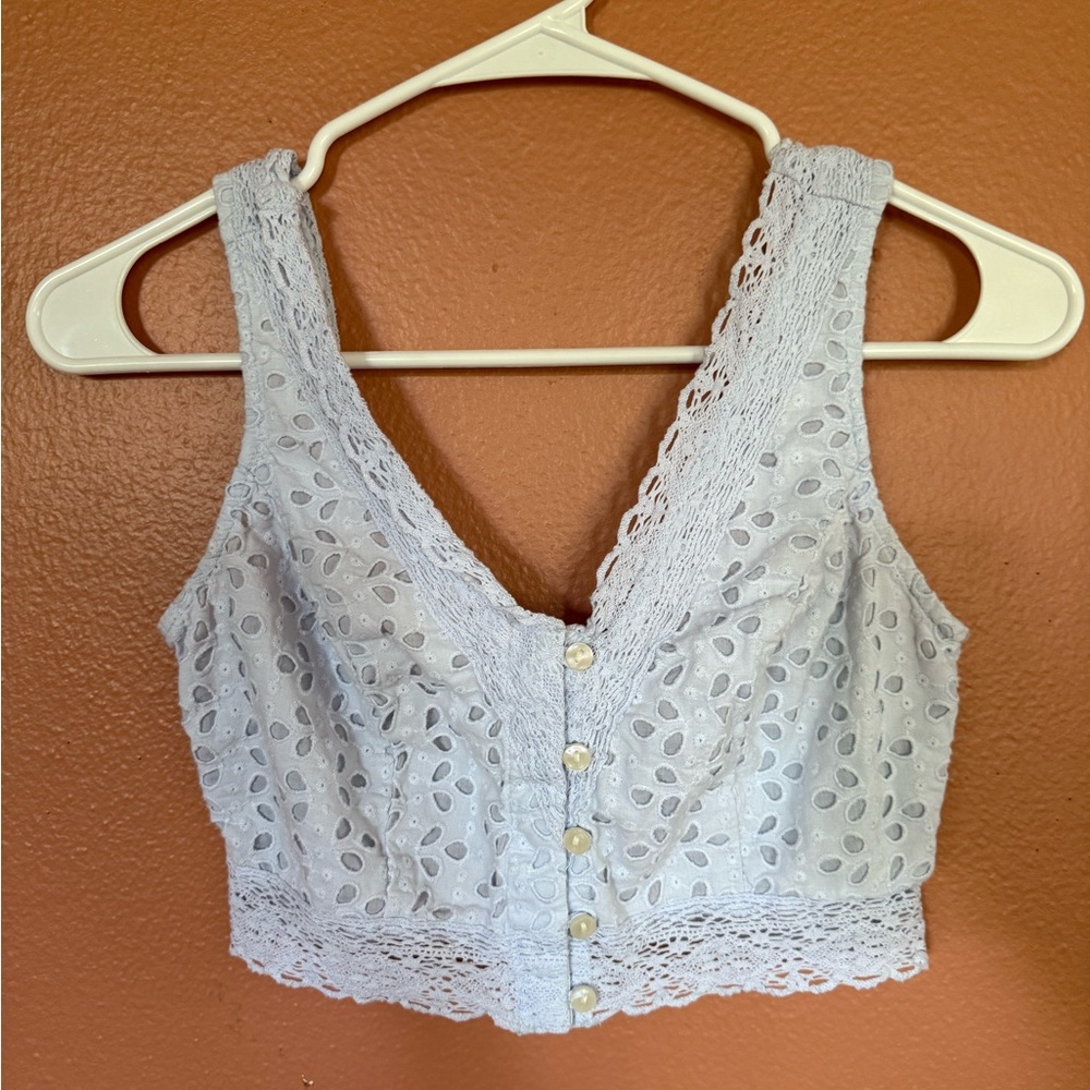 American Eagle Outfitters Lace Button Tank Top - Light Gray